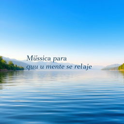 A serene and calming image for a relaxation music channel, featuring a peaceful nature scene such as a tranquil lake surrounded by soft mountains under a clear blue sky