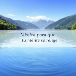 A serene and calming image for a relaxation music channel, featuring a peaceful nature scene such as a tranquil lake surrounded by soft mountains under a clear blue sky