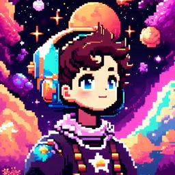 Pixel art profile picture featuring a cosmic space scene with a star-studded backdrop, vibrant nebula, and detailed planet.