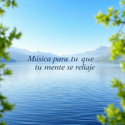 A serene and calming image for a relaxation music channel, featuring a peaceful nature scene such as a tranquil lake surrounded by soft mountains under a clear blue sky