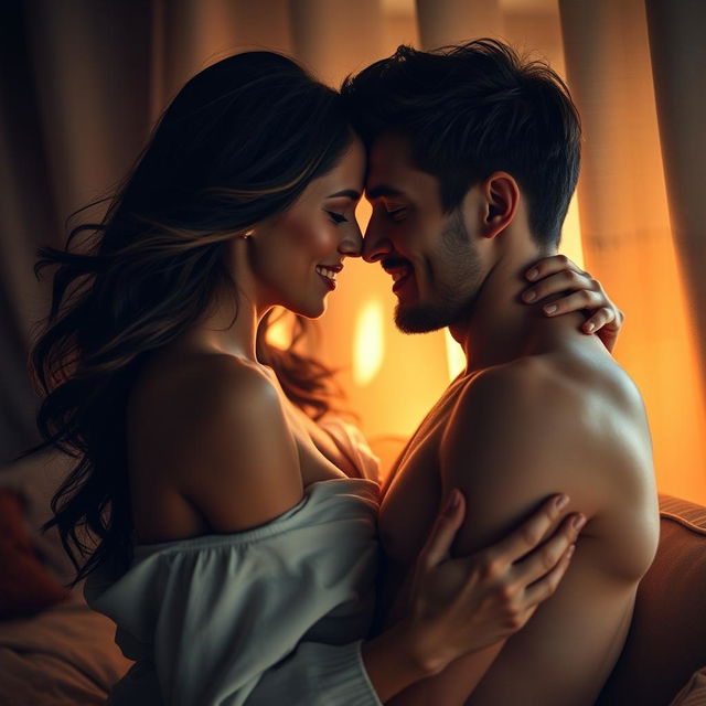 An artistic interpretation of romantic intimacy, featuring a couple locked in an embrace, surrounded by soft, warm lighting