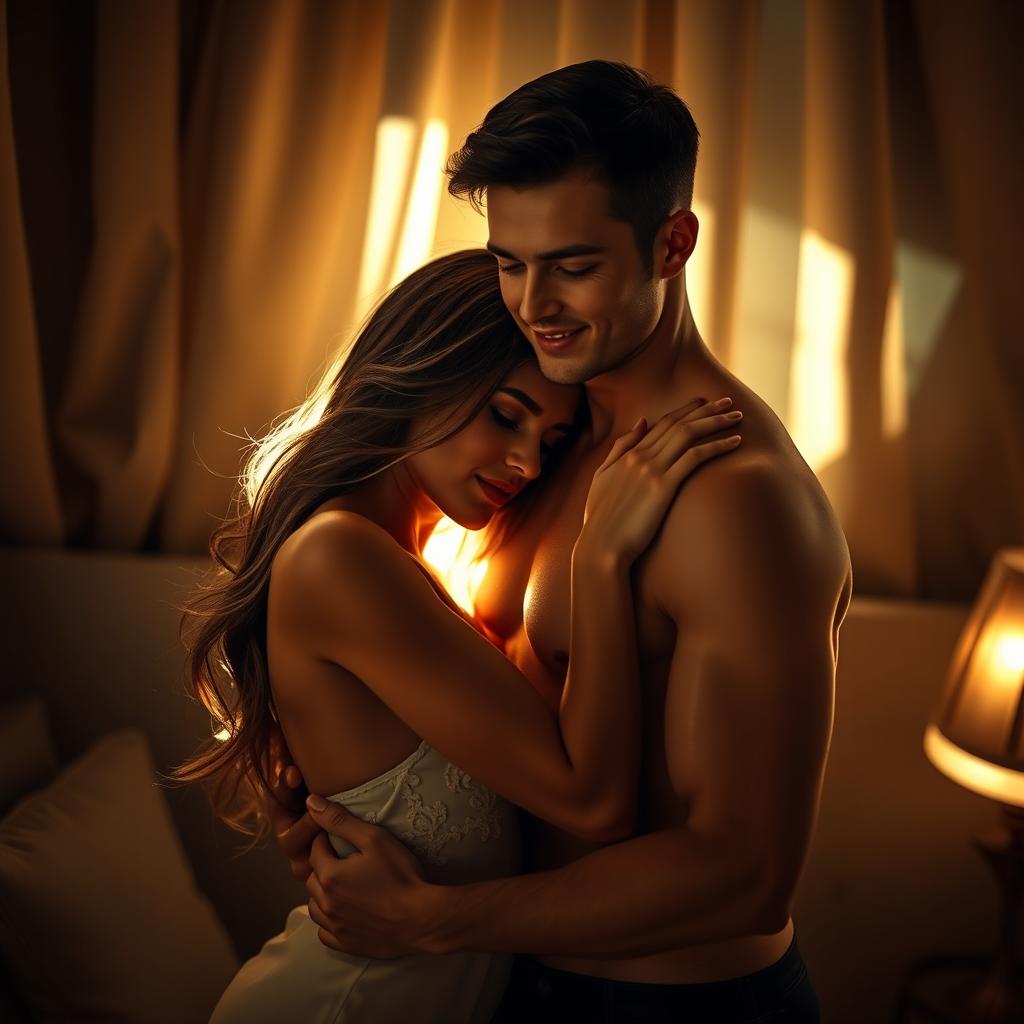 An artistic interpretation of romantic intimacy, featuring a couple locked in an embrace, surrounded by soft, warm lighting