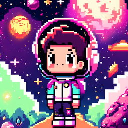 Pixel art profile picture featuring a cosmic space scene with a star-studded backdrop, vibrant nebula, and detailed planet.