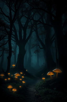 A mystical and enchanting dark forest at night, illuminated by glowing mushrooms casting an ethereal light