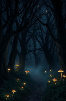 A mystical and enchanting dark forest at night, illuminated by glowing mushrooms casting an ethereal light