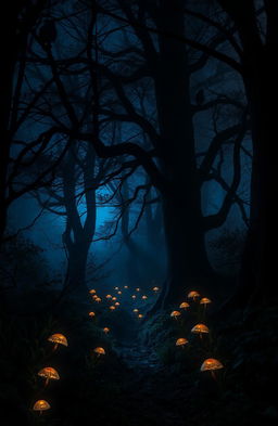A mystical and enchanting dark forest at night, illuminated by glowing mushrooms casting an ethereal light