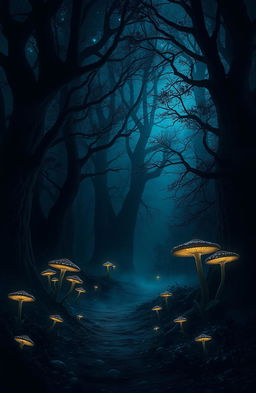 A mystical and enchanting dark forest at night, illuminated by glowing mushrooms casting an ethereal light