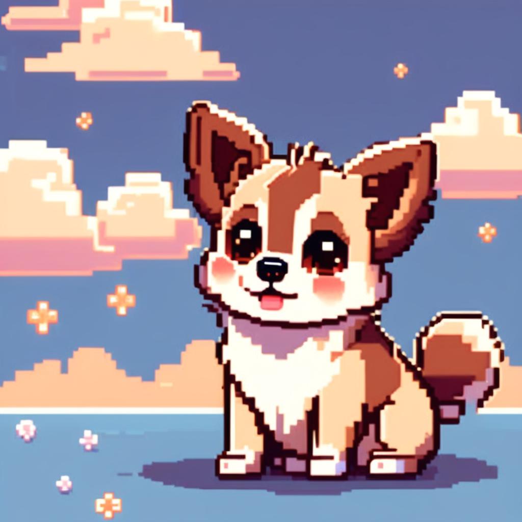 Pixel art PFP of an adorable small breed dog with a fluffy brown and cream coat, sparkling eyes, perky ears, and a playful pant against a gradient sky blue background