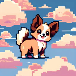 Pixel art PFP of an adorable small breed dog with a fluffy brown and cream coat, sparkling eyes, perky ears, and a playful pant against a gradient sky blue background