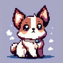 Pixel art PFP of an adorable small breed dog with a fluffy brown and cream coat, sparkling eyes, perky ears, and a playful pant against a gradient sky blue background