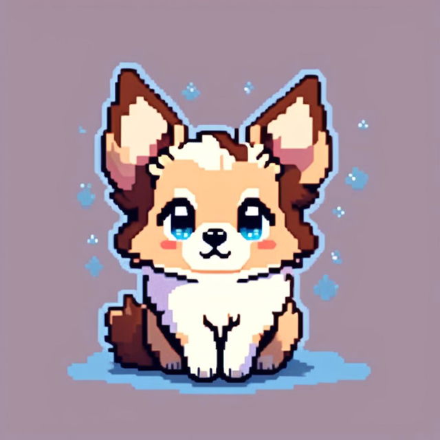 Pixel art PFP of an adorable small breed dog with a fluffy brown and cream coat, sparkling eyes, perky ears, and a playful pant against a gradient sky blue background