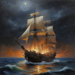 Una pintura al óleo, hacer un galeón Español de madera altamente detallado, con sus filas de cañones en los laterales, con varias velas desplegadas en un mar picado, tormentoso y dramático, con cielo nocturno, lluviosos, rayos y relámpagos, huyendo del monstruo Craken mitológico