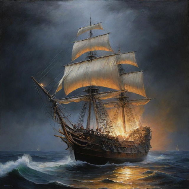 Una pintura al óleo, hacer un galeón Español de madera altamente detallado, con sus filas de cañones en los laterales, con varias velas desplegadas en un mar picado, tormentoso y dramático, con cielo nocturno, lluviosos, rayos y relámpagos, huyendo del monstruo Craken mitológico