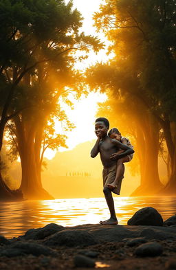 At a wide river shore surrounded by tall, lush trees, two traditional African twins, an 8-year-old boy named Apiyo carrying his sister Adongo on his back, display expressions of desperation and exhaustion