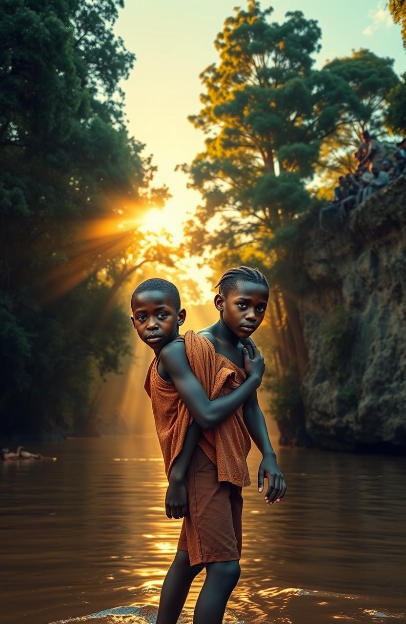 At a wide river shore surrounded by tall, lush trees, two traditional African twins, an 8-year-old boy named Apiyo carrying his sister Adongo on his back, display expressions of desperation and exhaustion