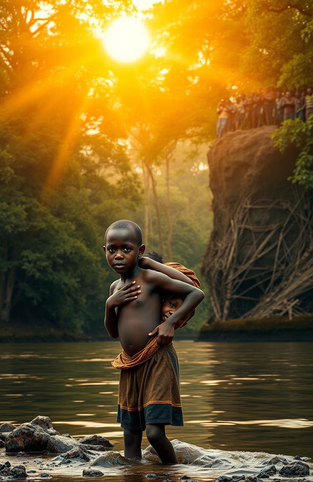At a wide river shore surrounded by tall, lush trees, two traditional African twins, an 8-year-old boy named Apiyo carrying his sister Adongo on his back, display expressions of desperation and exhaustion