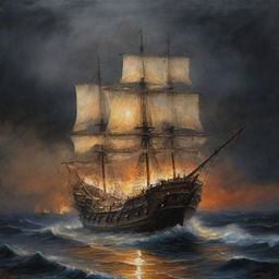 Una pintura al óleo, hacer un galeón Español de madera altamente detallado, con sus filas de cañones en los laterales, con varias velas desplegadas en un mar picado, tormentoso y dramático, con cielo nocturno, lluviosos, rayos y relámpagos, huyendo del monstruo Craken mitológico