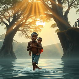 At a wide river shore framed by majestic tall trees, two young African twins, 8-year-old Apiyo (the boy) and his sister Adongo (the girl), are portrayed with matching body sizes