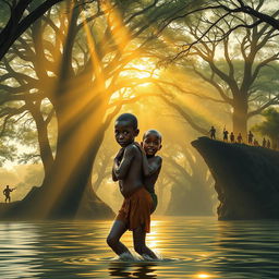 At a wide river shore framed by majestic tall trees, two young African twins, 8-year-old Apiyo (the boy) and his sister Adongo (the girl), are portrayed with matching body sizes