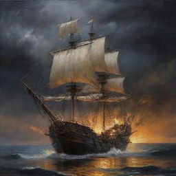 Una pintura al óleo, hacer un galeón Español de madera altamente detallado, con sus filas de cañones en los laterales, con varias velas desplegadas en un mar picado, tormentoso y dramático, con cielo nocturno, lluviosos, rayos y relámpagos, huyendo del monstruo Craken mitológico