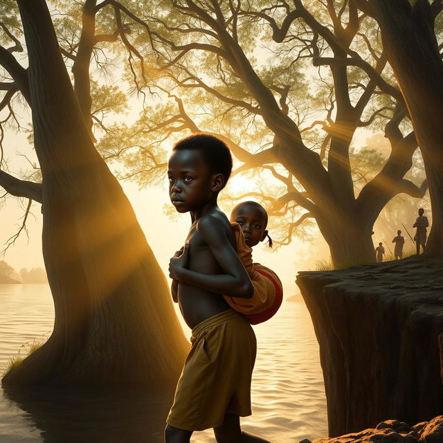 At a wide river shore framed by majestic tall trees, two young African twins, 8-year-old Apiyo (the boy) and his sister Adongo (the girl), are portrayed with matching body sizes