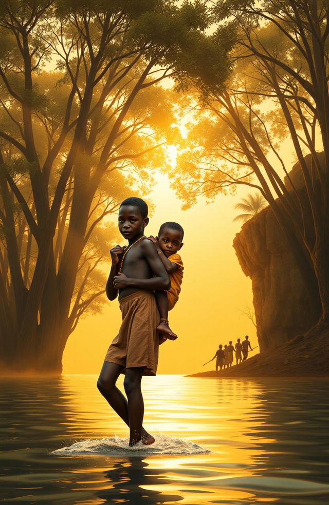 At a wide river shore adorned with tall trees, a traditional African scene featuring young twins, a boy named Apiyo, carrying his twin sister Adongo on his back