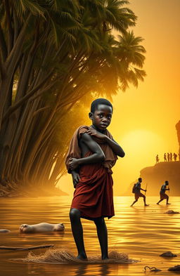 At a wide river shore adorned with tall trees, a traditional African scene featuring young twins, a boy named Apiyo, carrying his twin sister Adongo on his back