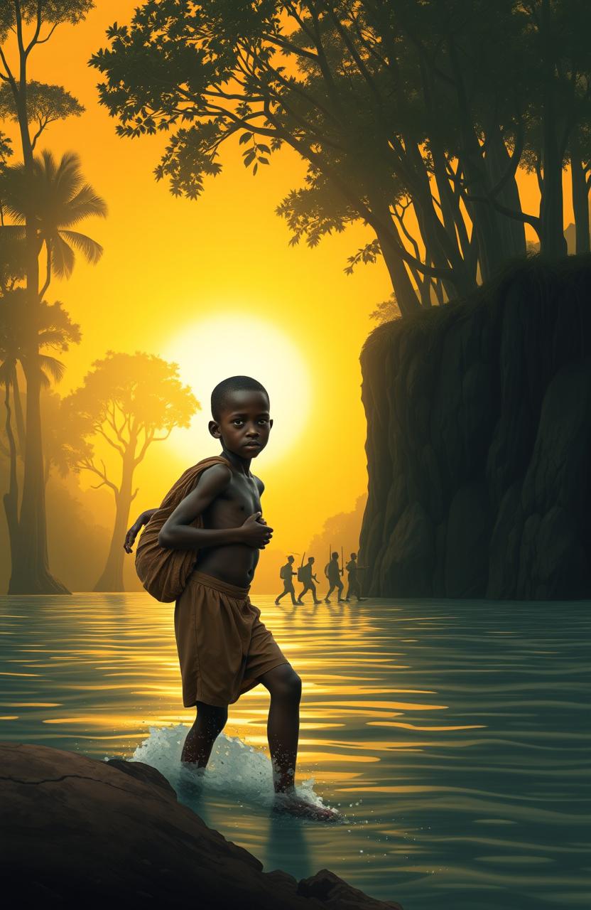 At a wide river shore adorned with tall trees, a traditional African scene featuring young twins, a boy named Apiyo, carrying his twin sister Adongo on his back