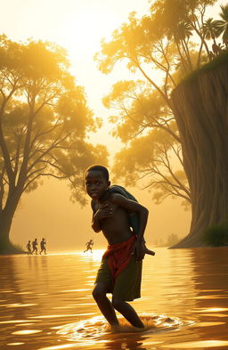 At a wide river shore adorned with tall trees, a traditional African scene featuring young twins, a boy named Apiyo, carrying his twin sister Adongo on his back