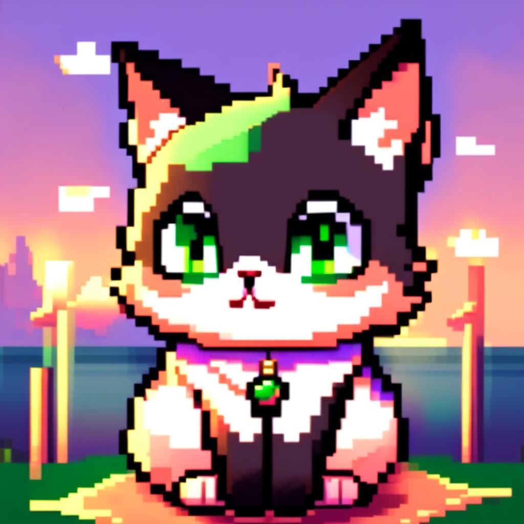 Pixel art PFP of a charming cat with a sleek black and white coat, bright green eyes, and a mischievous grin against a gradient sunset background