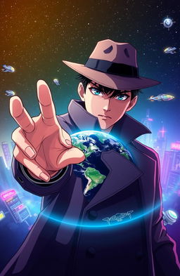 An anime-style detective, dressed in a sleek trench coat and fedora, is stretching his hand forward