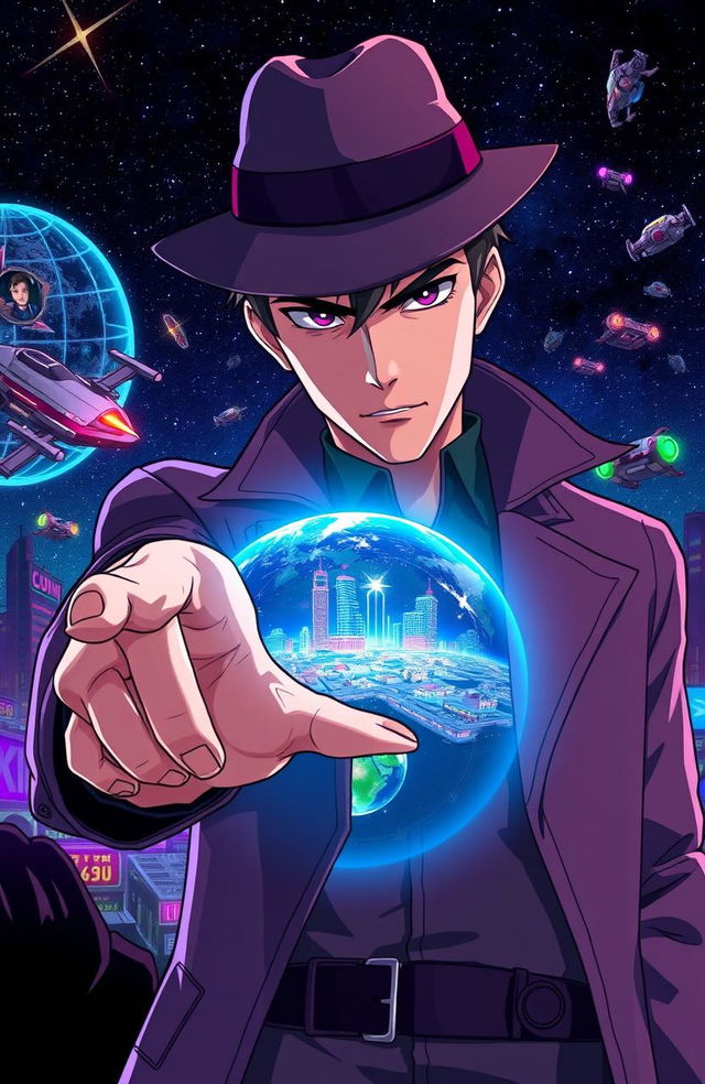 An anime-style detective, dressed in a sleek trench coat and fedora, is stretching his hand forward