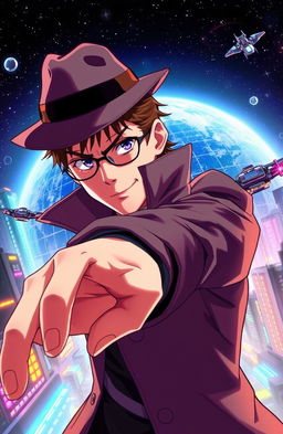An anime-style detective, dressed in a sleek trench coat and fedora, is stretching his hand forward