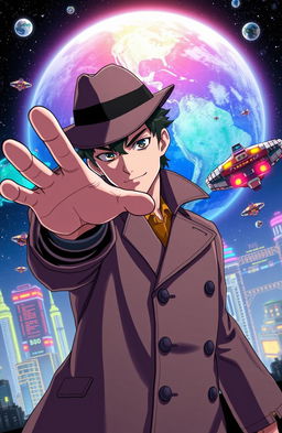 An anime-style detective, dressed in a sleek trench coat and fedora, is stretching his hand forward