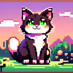 Pixel art PFP of a charming cat with a sleek black and white coat, bright green eyes, and a mischievous grin against a gradient sunset background