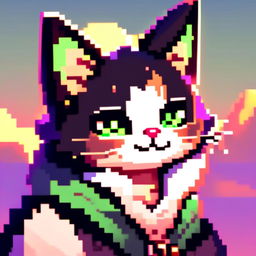 Pixel art PFP of a charming cat with a sleek black and white coat, bright green eyes, and a mischievous grin against a gradient sunset background