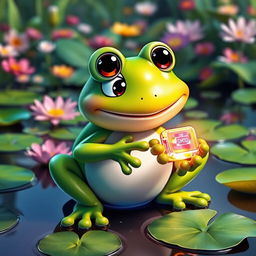 A whimsical scene featuring a cute, cartoon-style frog sitting down with a bright green body and large, expressive eyes
