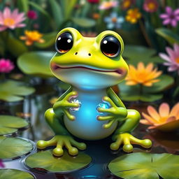 A whimsical scene featuring a cute, cartoon-style frog sitting down with a bright green body and large, expressive eyes