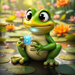 A whimsical scene featuring a cute, cartoon-style frog sitting down with a bright green body and large, expressive eyes