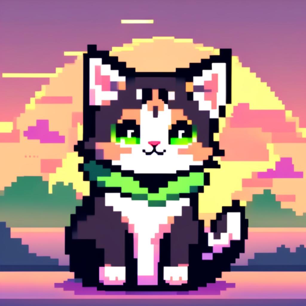 Pixel art PFP of a charming cat with a sleek black and white coat, bright green eyes, and a mischievous grin against a gradient sunset background