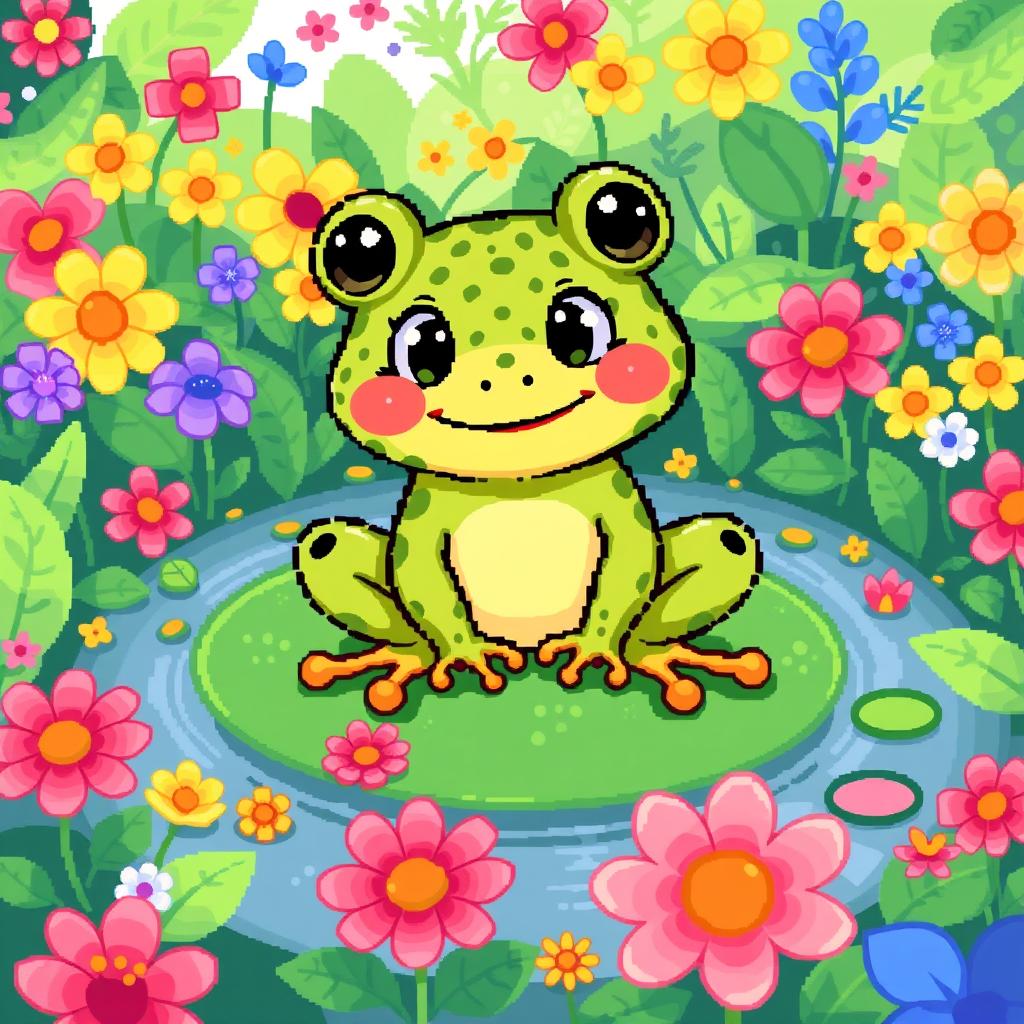 A charming pixel art illustration of a whimsical toad, featuring bright colors and a playful, cartoonish style