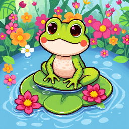 A charming pixel art illustration of a whimsical toad, featuring bright colors and a playful, cartoonish style