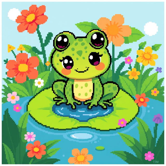 A charming pixel art illustration of a whimsical toad, featuring bright colors and a playful, cartoonish style