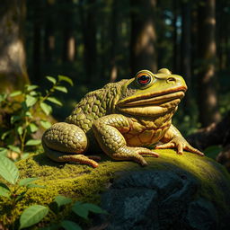 A huge, realistically detailed toad sitting on a mossy rock in a lush forest environment