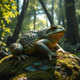 A huge, realistically detailed toad sitting on a mossy rock in a lush forest environment