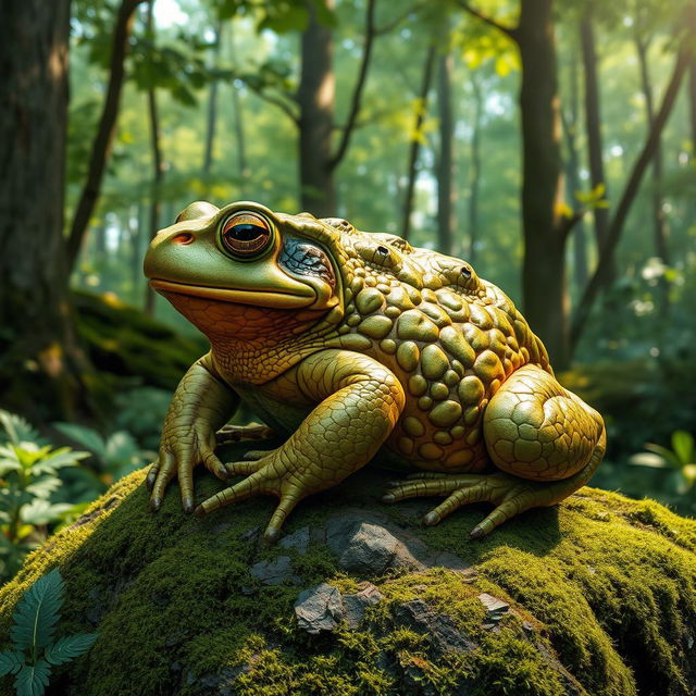 A huge, realistically detailed toad sitting on a mossy rock in a lush forest environment