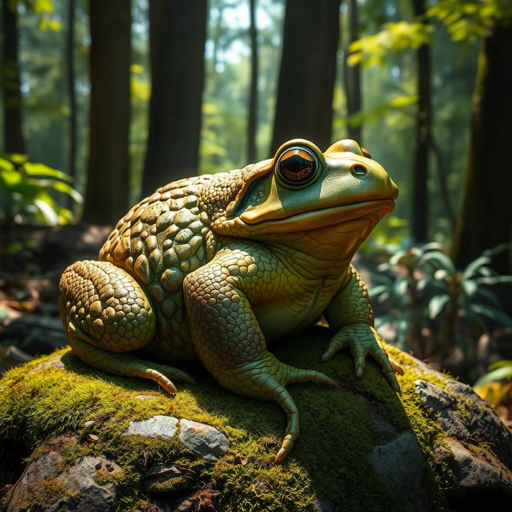 A huge, realistically detailed toad sitting on a mossy rock in a lush forest environment