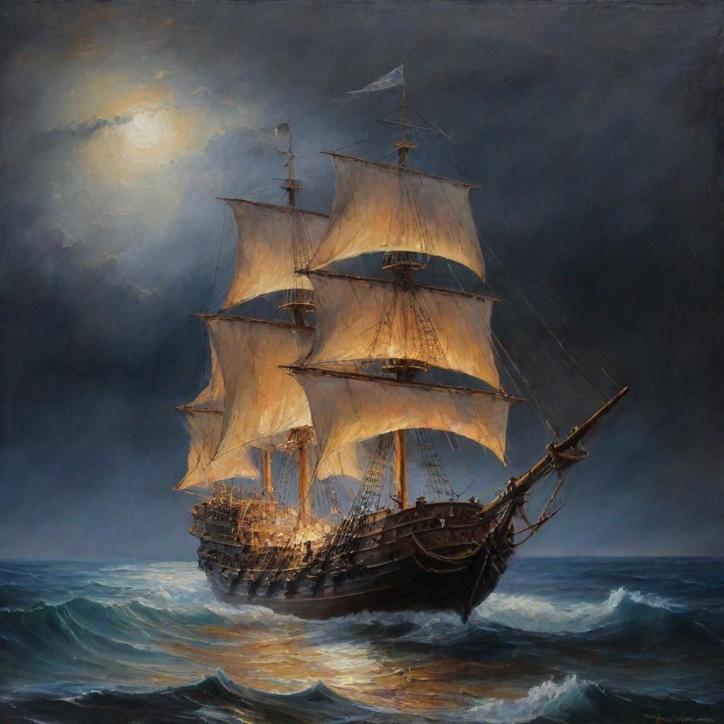 Una pintura al óleo, hacer un galeón Español de madera altamente detallado, con sus filas de cañones en los laterales, con varias velas desplegadas en un mar picado, tormentoso y dramático, con cielo nocturno, lluviosos, rayos y relámpagos, enredado su casco con tentáculos de un gran pulpo