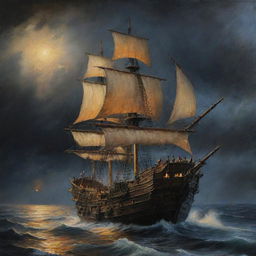 Una pintura al óleo, hacer un galeón Español de madera altamente detallado, con sus filas de cañones en los laterales, con varias velas desplegadas en un mar picado, tormentoso y dramático, con cielo nocturno, lluviosos, rayos y relámpagos, enredado su casco con tentáculos de un gran pulpo