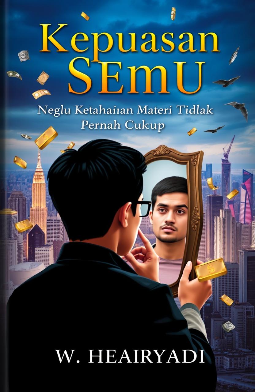 A visually striking book cover for "Kepuasan Semu: Mengapa Kebahagiaan Materi Tidak Pernah Cukup" by W